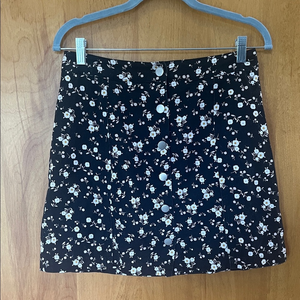 Floral Button-Up Black Denim Skirt